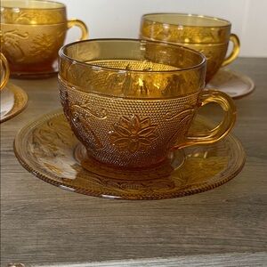 Vintage Tiara Amber Pressed Glass Cup and Saucer Four Piece Set